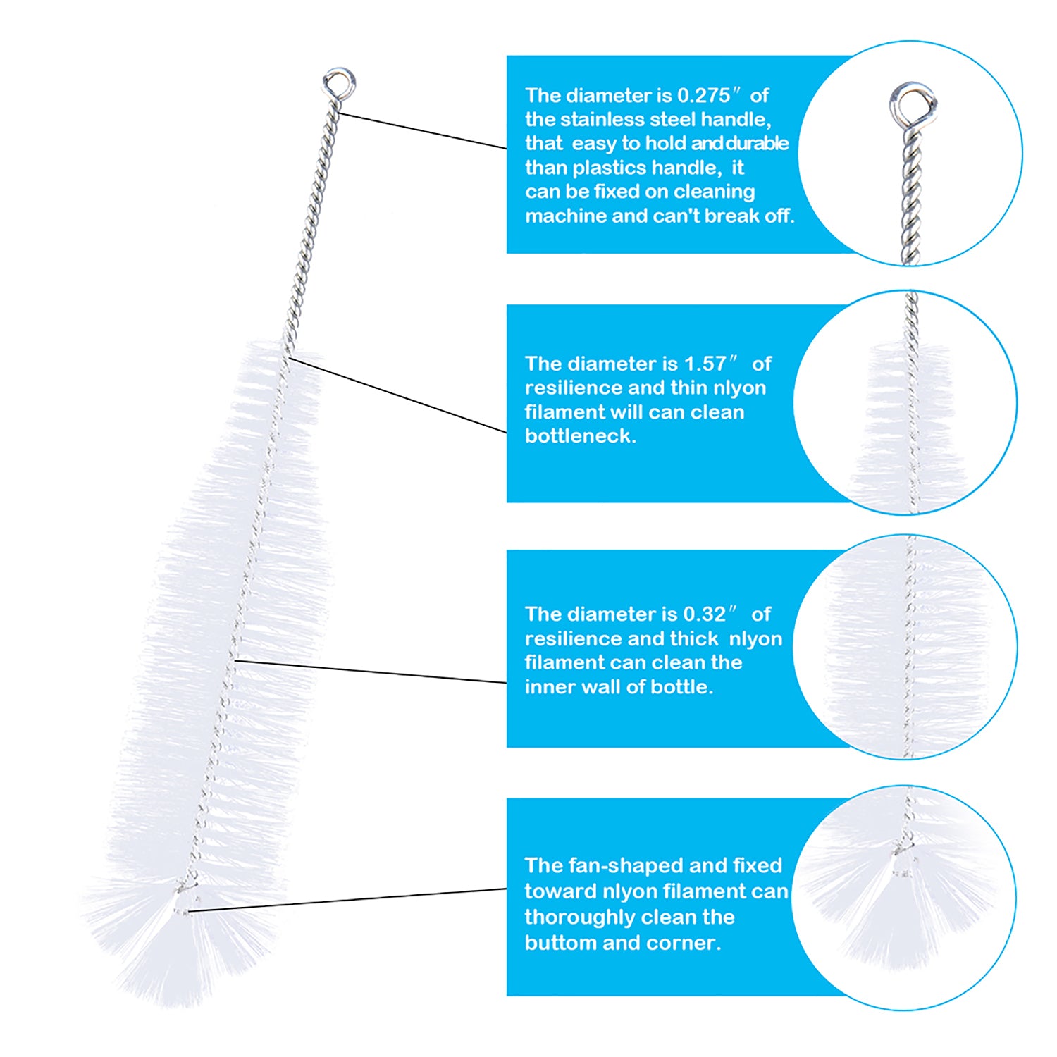 Bottle Brush, Ideal for Cleaning Narrow Neck Swing Top Glass Bottles, Wine Bottles, Beer Bottles, Soda Bottles, Spray Bottles, Kombucha Bottles(White+1PC)